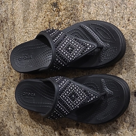 CROCS Shoes - Crocs Monterey Diamante Black Wedge Flip Flops size 8